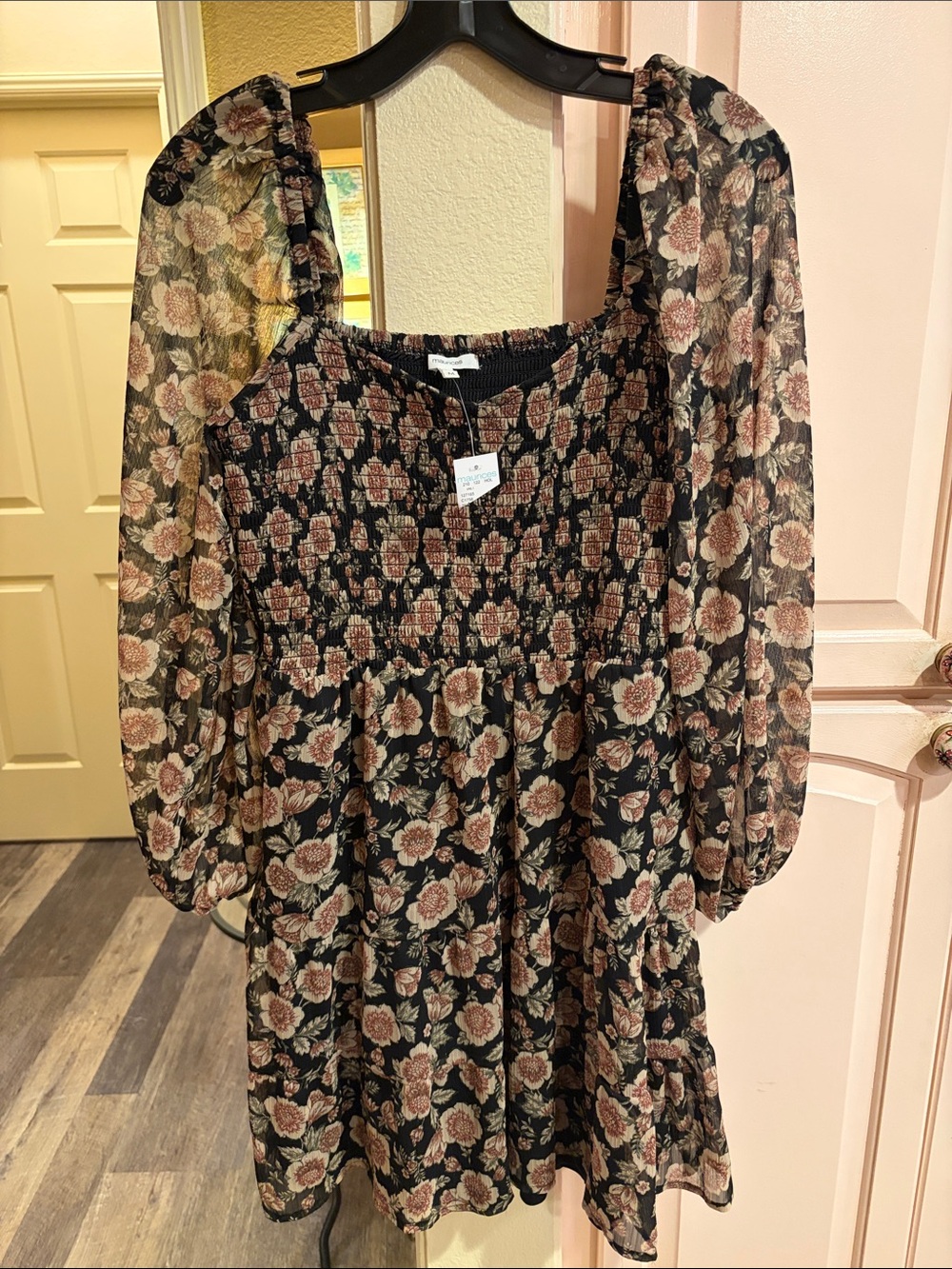 Maurices Black Floral Smocked Dress - Pink & Beige Roses with sparkly details